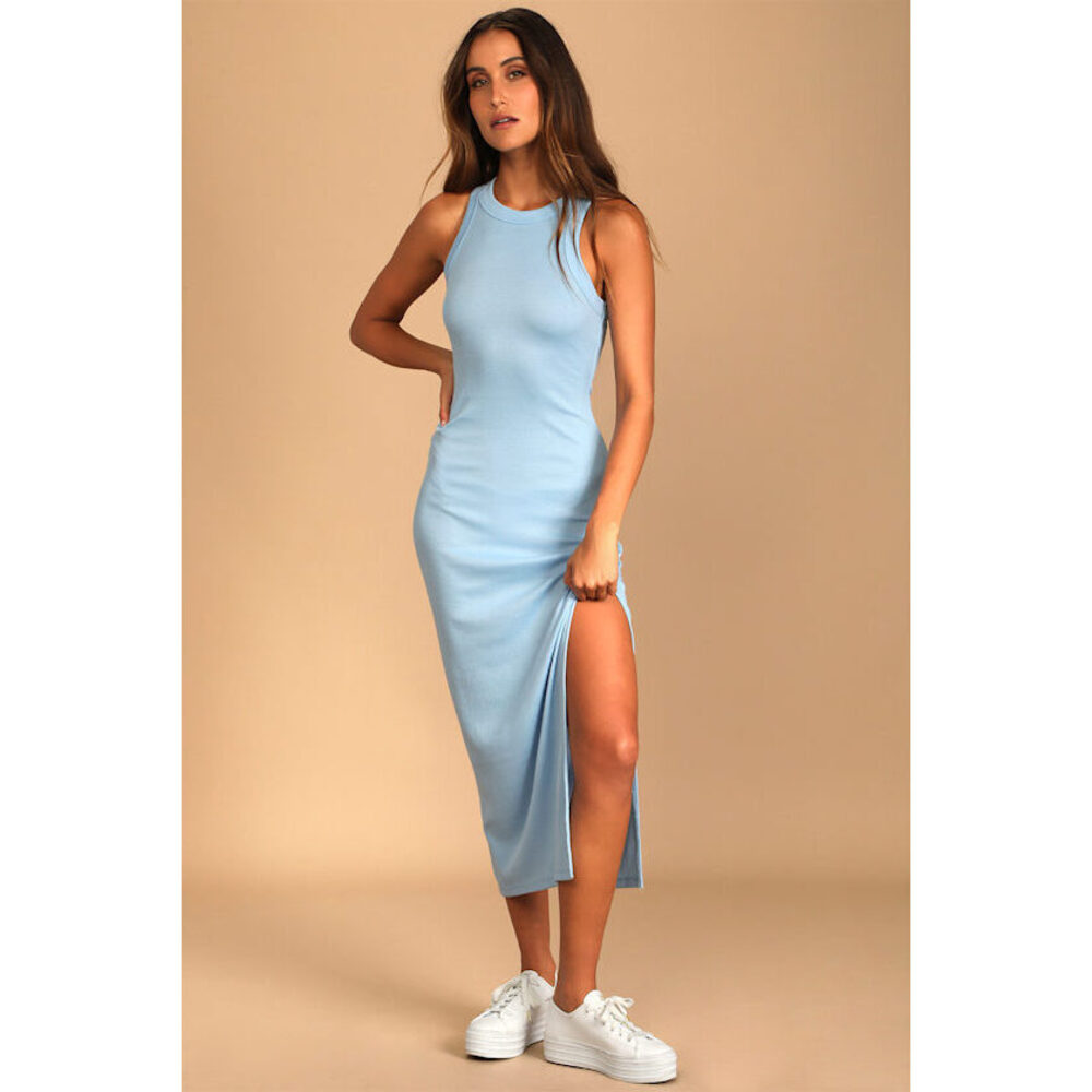 Lulus Betting Game Light Blue Ribbed Sleeveless Midi Dress - Size L